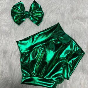Green Metallic Bummy w/ Bow, 6-9 Months, Green Faux Leather Shorts